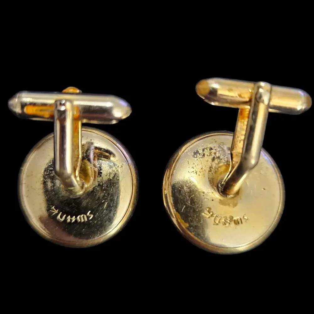 Swank Green Jade Nephrite Stone Gold Tone Round Cufflinks Vintage